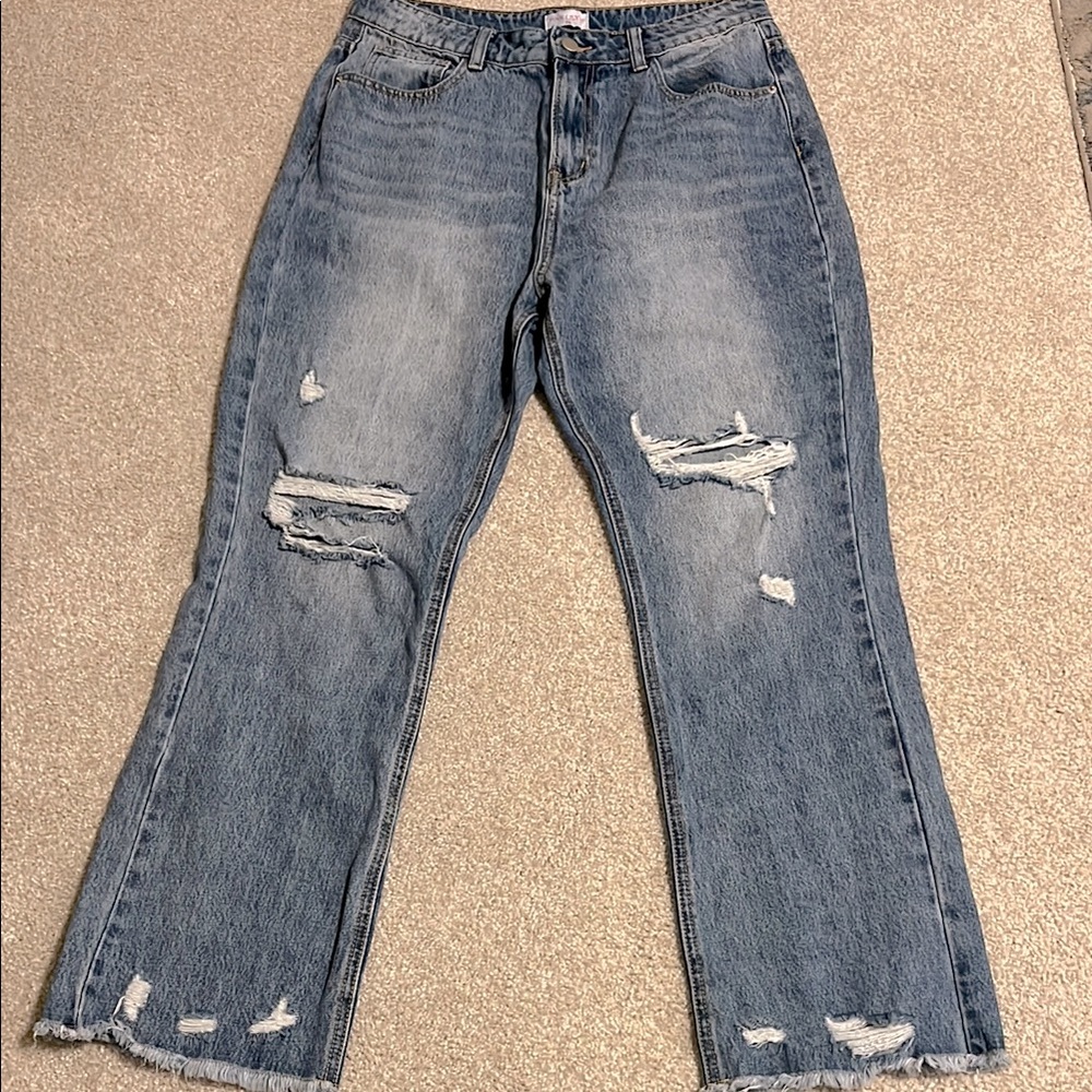Pink Lily Distressed Light Blue Straight Leg Jeans